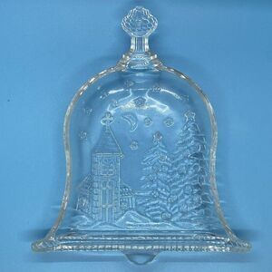 Vintage Clear‎ Glass/Church & Trees on Christmas Bell Candy Dish